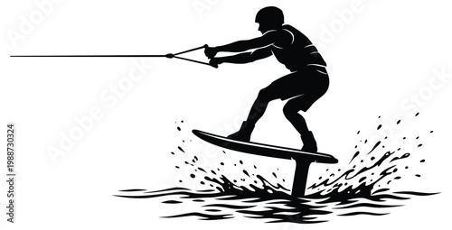 Hydrofoil wakeboarding silhouette isolated on white background