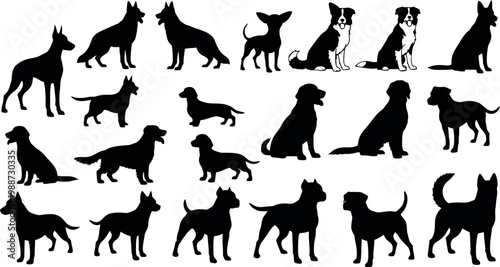 Various Dog Breed Silhouette Collection in Different Poses and Sizes in Black for Pet, Veterinary, and Animal Lover Designs