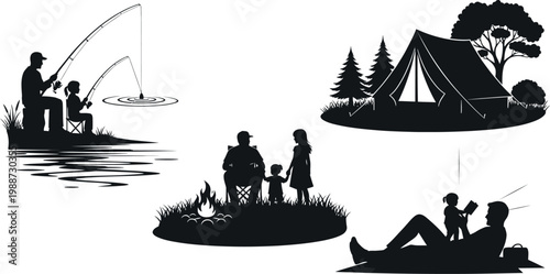 silhouette of people enjoying outdoor activities like camping fishing and boating in nature