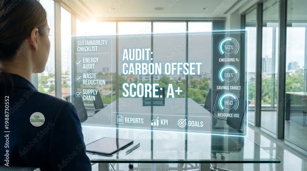 Fototapeta premium A businesswoman in a modern office reviews sustainability reports and carbon offset scores on a digital screen.