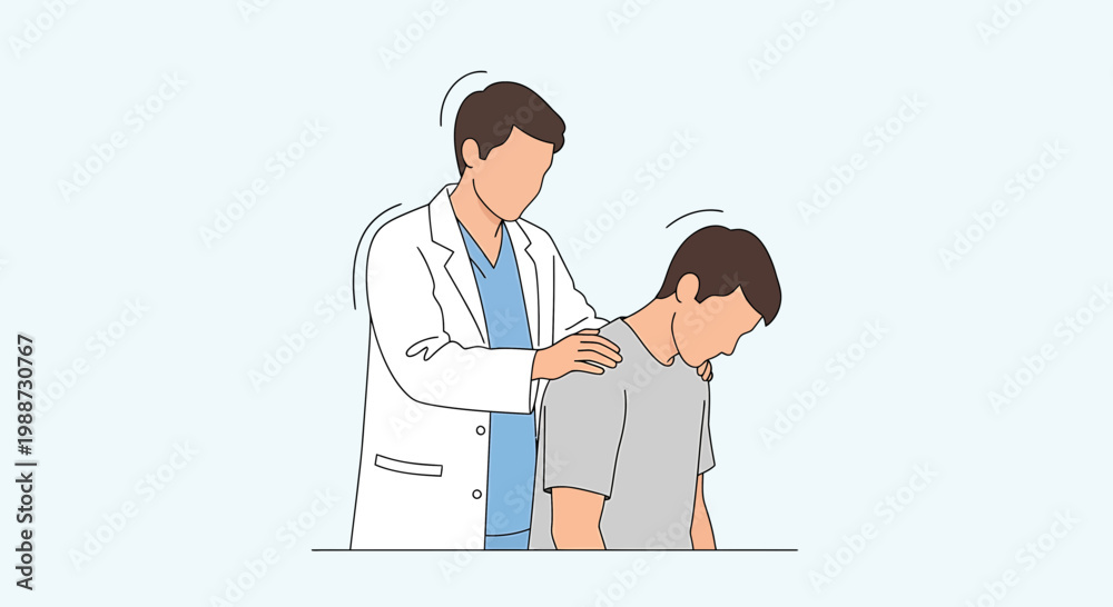 Fototapeta premium Doctor examines patient's neck, checking for pain or injury during medical checkup.