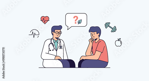 Doctor Consults Patient About Health and Lifestyle Choices with Medical Icons