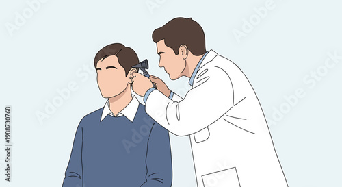 Doctor examines patient's ear with otoscope, medical checkup, healthcare concept