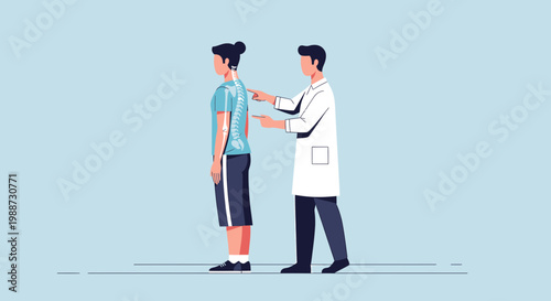 Doctor examines patient's posture, spine alignment, and back health in medical check-up