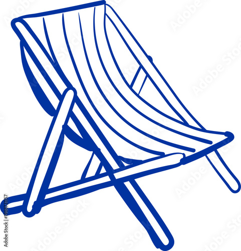 Beach lounger hand drawing in blue ink. Folding chair sketch.