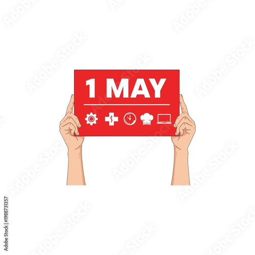 Hands hold up a red sign celebrating May Day with various profession icons and date displayed