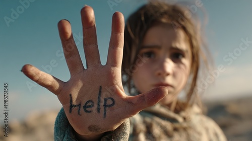 Sad child holding hand with word 