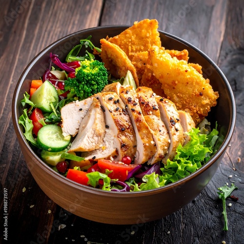 A vibrant, healthy bowl of salad with grilled, sliced chicken, fried crumbles, and fresh vegetables. Delicious and colorful