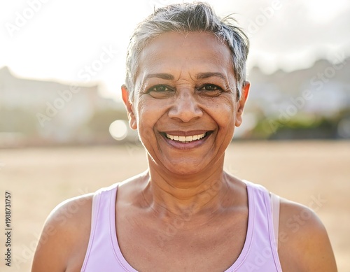 Smiling senior woman in fitness wear.