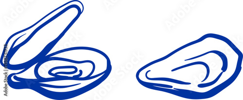 Mussels hand drawing in blue ink. Shells with clams sketch.