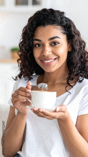 Smiling woman enjoying coffee cup.