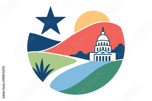 A colorful graphic design illustration featuring the texas state capitol building and a star