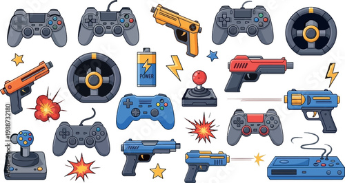 Pixel Art Retro Gaming Set with Controllers, Joysticks, Steering Wheels, Guns, and Console Elements for Gamer and Arcade Theme Designs
