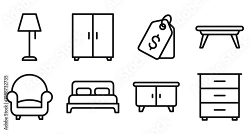 Furniture and home decor line icons set isolated on white background