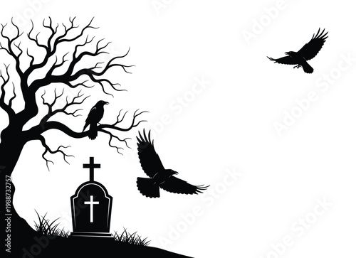 Spooky tree, gravestone, and ravens silhouette isolated on white background