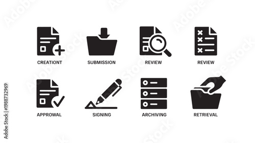 Document Management Icons Set for Workflow Process Approval Filing and Business Organization