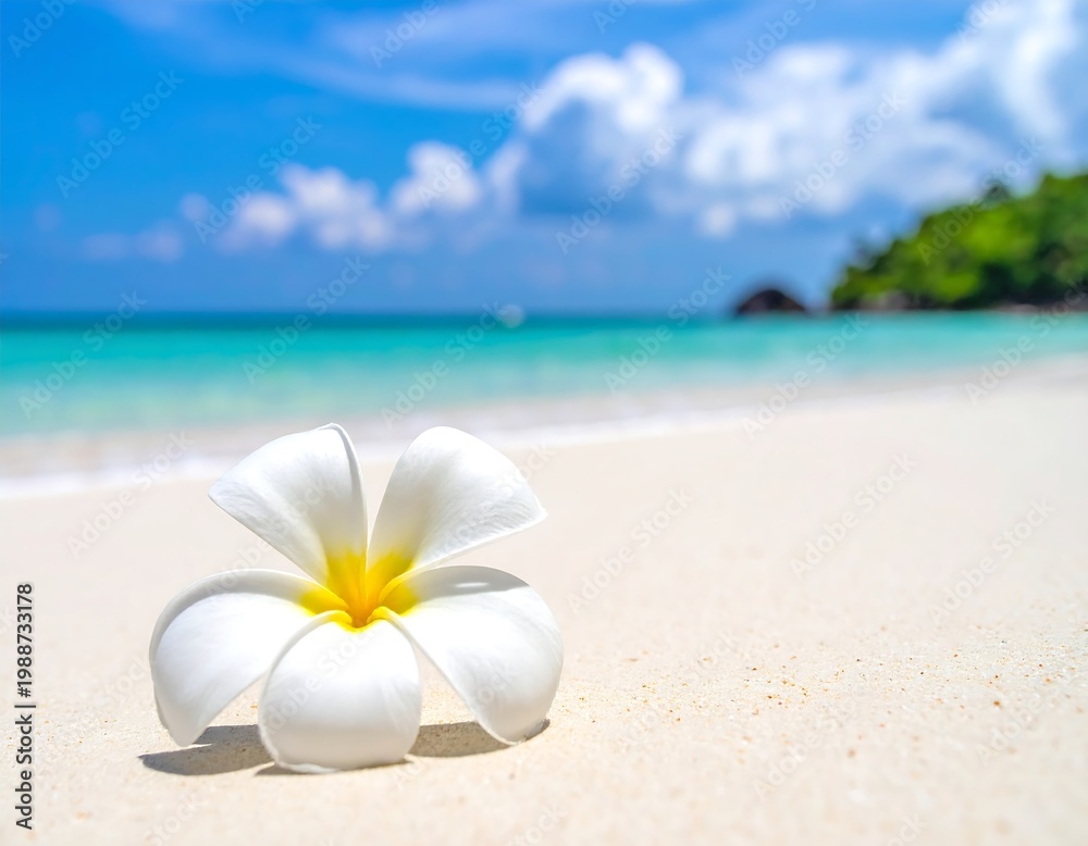 Fototapeta premium White flower on sandy tropical beach.