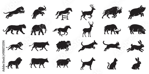 Set of black silhouettes of various wild and domestic animals