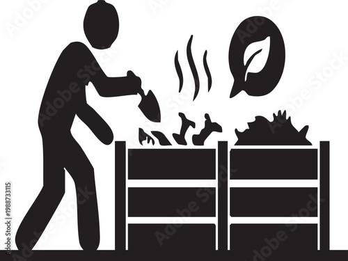 Person Composting Organic Waste in Backyard Bin Vector Silhouette
