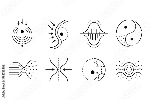 Illustrations of different types of field interactions and particle behaviors in physics