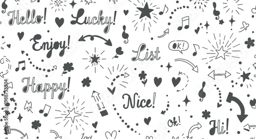 Hand Drawn Doodle Text and Symbol Set with Hearts, Arrows, Stars, and Fun Words for Stickers, Journals, and Social Media Designs