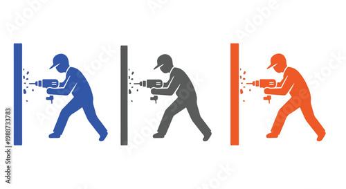 Teamwork concept with three workers in different colors using power tools