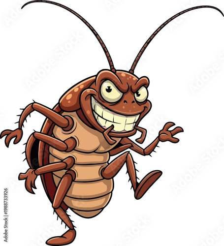 Funny Cartoon Cockroach with Evil Smiling Face Walking for Kids, Comics, Pest Control, and Creepy Insect Character Design Elements
