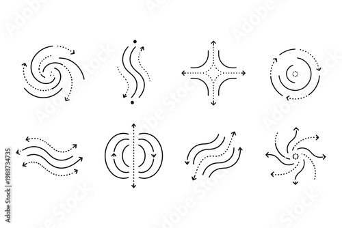 Visual representation of different types of vector field patterns and flow dynamics