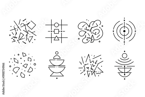 Abstract geometric and symbolic illustrations featuring diverse shapes and patterns