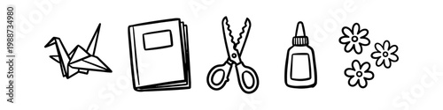 Hand-drawn doodle icons of craft supplies including origami crane, notebook, zigzag scissors, glue bottle, and paper flowers. Minimalist black and white line art for DIY and hobby projects.