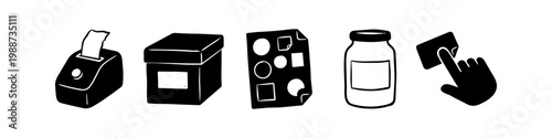 Set of black and white hand-drawn icons for labeling and organization, featuring a label maker, box, sticker sheet, jar, and hand applying a label. Minimalist vector illustration for DIY projects.