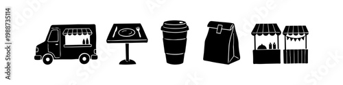 Collection of black hand-drawn silhouette icons representing street food and takeaway services like a food truck, cafe table, coffee cup, paper bag, and market stalls on a white background.