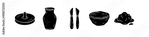 Set of hand-drawn black pottery and ceramic craft icons featuring a potter's wheel, vase, sculpting tools, handmade bowl, and raw clay pile isolated on a white background.