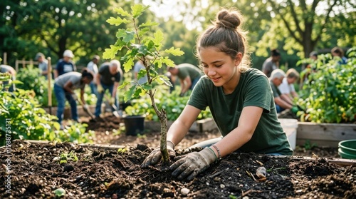 Young hands carefully pressing dark soil around a sapling's roots in a community garden, morning sunlight filtering through fresh green leaves, multiple volunteers in the