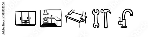 Set of hand-drawn doodle icons for furniture assembly and kitchen renovation. Features minimalist line art of cabinets, tools, faucet, and table assembly for DIY and home improvement concepts.