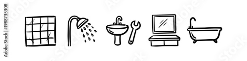 Hand-drawn bathroom and plumbing icons set featuring tiles, shower, sink with wrench, vanity, and bathtub. Vector doodle illustrations for home renovation and interior design concepts.