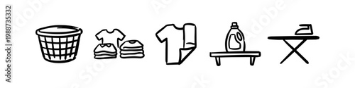 Set of hand-drawn laundry icons in a minimalist black line art style, featuring a laundry basket, folded clothes, detergent, and an ironing board on a white background.