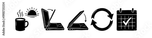 Hand-drawn doodle icon set illustrating a daily work routine: coffee, sunrise, opening and closing a laptop, refresh arrows, and a completed calendar task. Ideal for productivity themes.