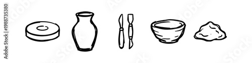 Hand-drawn vector set of pottery icons including a vase, bowl, clay, modeling tools, and a pottery wheel. Minimalist black and white sketch style for ceramic craft hobby and studio.