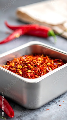 Spicy chili flakes in metal container.
