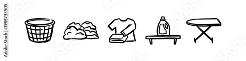Hand-drawn laundry icon set featuring a basket, pile of laundry, folded shirt, detergent, and ironing board. Clean, minimalist line art style for home chore concepts.