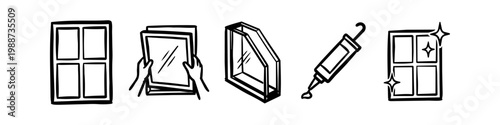 Set of hand-drawn window installation and repair icons including window frames, glazing, sealant gun, and sparkling clean glass. Ideal for home improvement and maintenance services.