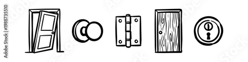 Hand-drawn vector icons set featuring an open door, closed door, door knob, hinge, and keyhole. Minimalist black and white doodle style for home improvement and construction themes.
