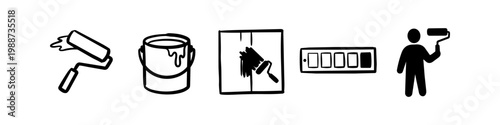 Set of hand-drawn painting and home renovation icons featuring a paint roller, paint can, color swatches, and a painter silhouette. Perfect for DIY, decorating, and construction projects.