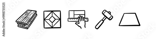 Hand-drawn set of flooring installation icons including wooden planks, floor tile, measurement tool with hand, rubber mallet, and surface finish. Vector sketch style for DIY and renovation.