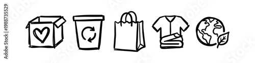 Hand-drawn set of sustainability and donation icons featuring a charity box, recycling bin, eco shopping bag, clothes, and earth globe. Minimalist black doodle style for eco-friendly concepts.