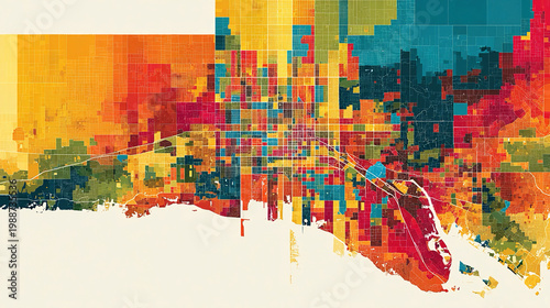 Urban map highlighting health equity and social determinants of health representing access disparities, healthcare planning, community resources and policy development,