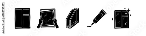 Window installation and repair icon set including frame, double glazing cross-section, hands fitting glass, sealant tube, and clean sparkling window. Black silhouette on white background.