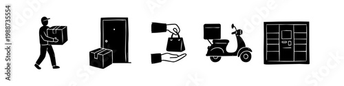 Hand-drawn delivery icon set featuring a courier, package at door, bag handover, delivery scooter, and automated locker. Minimalist black silhouettes for logistics and e-commerce designs.