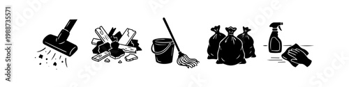 Set of black and white icons illustrating post-construction cleaning steps: vacuuming dust, clearing rubble, mopping, garbage removal, and surface disinfecting.